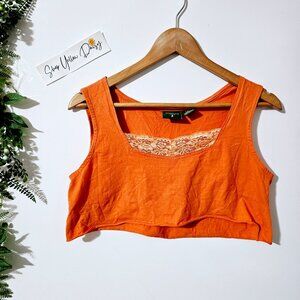 Orange‎ Lace-Trimmed Cotton Tank Top Mountain Lake Large Hand Cropped ~TT40.2